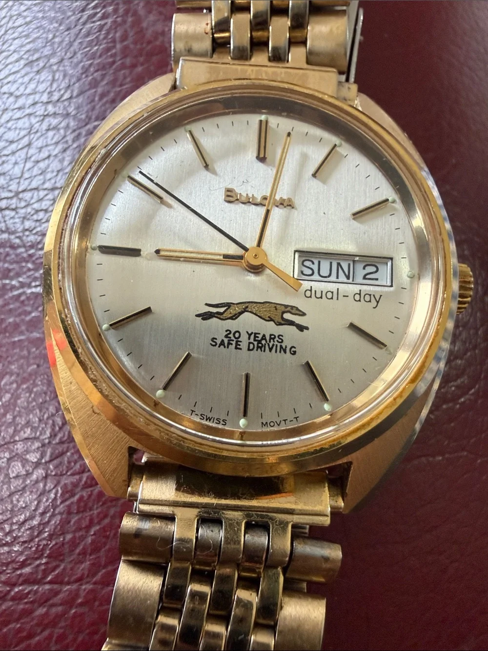 Bulova ETA Auto Gold-Tone Men's Day-Date 20 Year Greyhound Safe Driver.